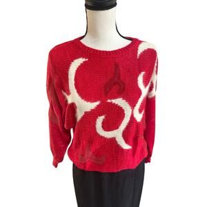 Vintage 90s Women Flame Sweater Red White Abstract Knit Pullover Sz S Bold